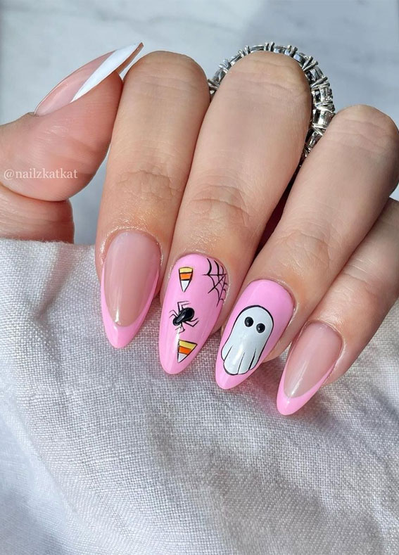 50 Cute Spooky Halloween Nail Ideas : Spooky Soft Pink Nails