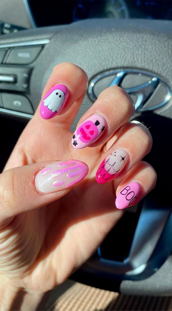 50 Cute Spooky Halloween Nail Ideas : Mismatched Pink Halloween Nails