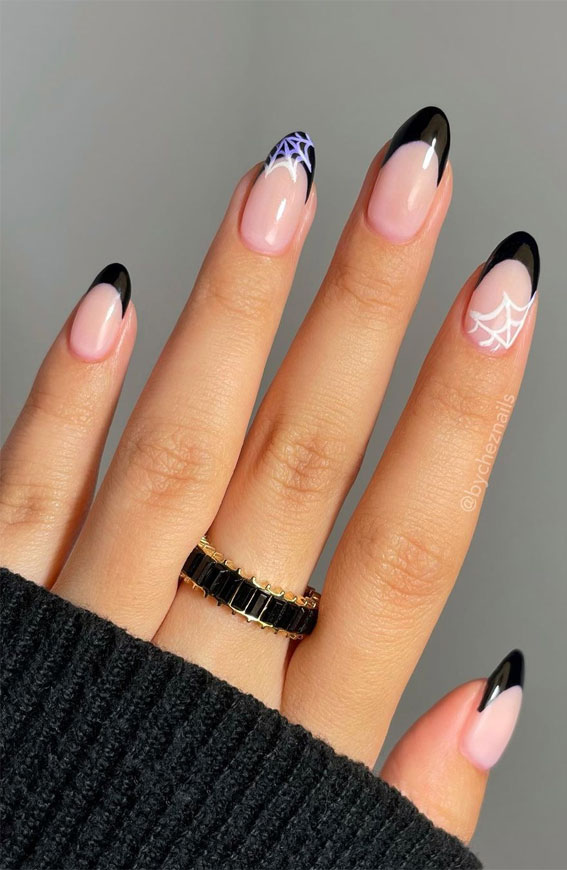 50 Cute Spooky Halloween Nail Ideas : Black French Almond Nails with Cobwebs