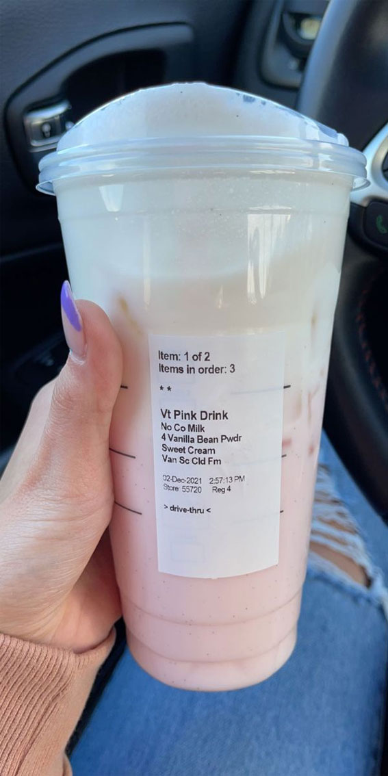 50+ Starbucks Drinks For Your Next Order : Pink Drink No Coconut Milk + Cold Foam