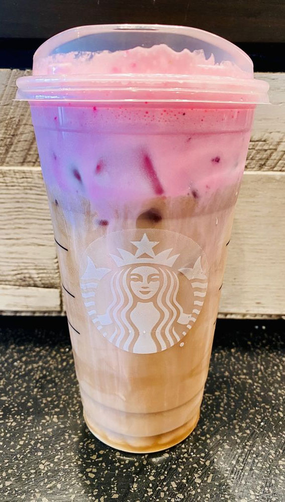 50+ Starbucks Drinks For Your Next Order : Iced Blonde Espresso Topped with Strawberry Frappuccino