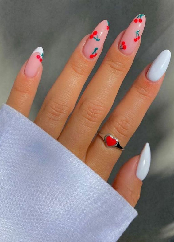 cherry nails, cherry nail designs, cherry nail ideas, french tips with cherry, french manicure with cherry, cherry nail art