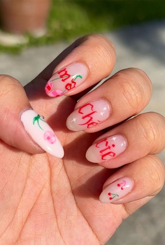 cherry nails, cherry nail designs, cherry nail ideas, french tips with cherry, french manicure with cherry, cherry nail art
