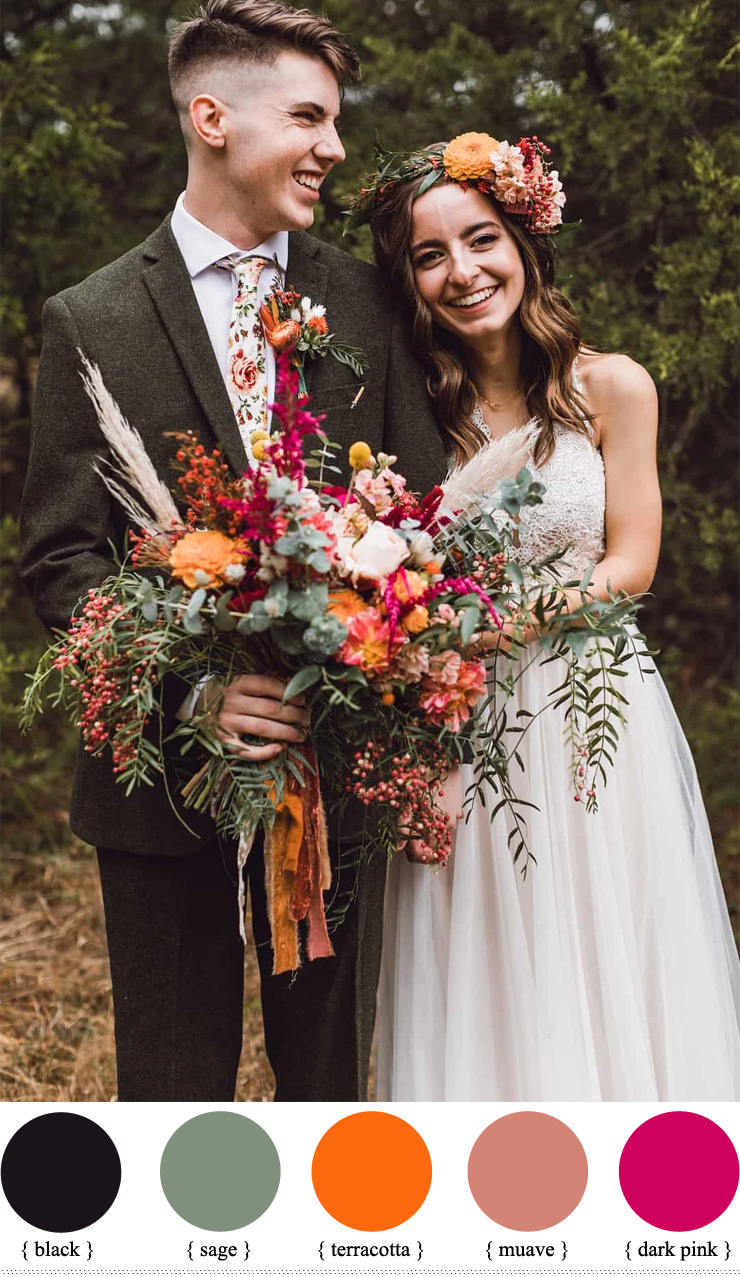 black sage hot pink and terracotta wedding, fall wedding color combinations
