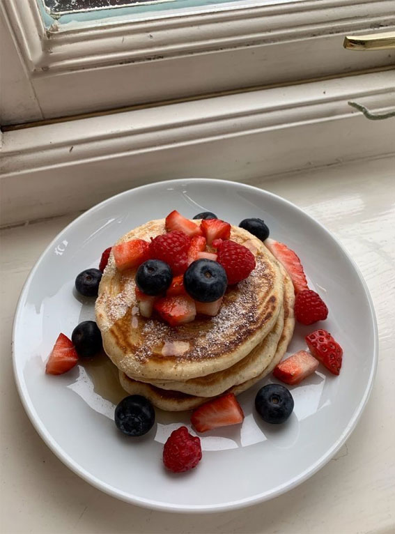Irresistible Food Cravings Unveiled : Stack of Pancakes + Blueberries & Strawberries