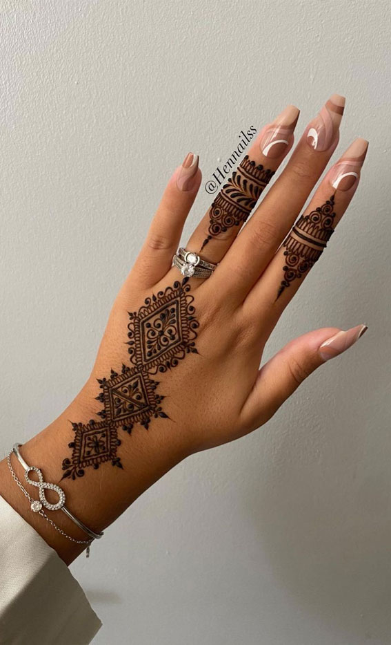 59 Timeless Pattern and Artistry Henna Designs : Geometric & Nude Nails with Design