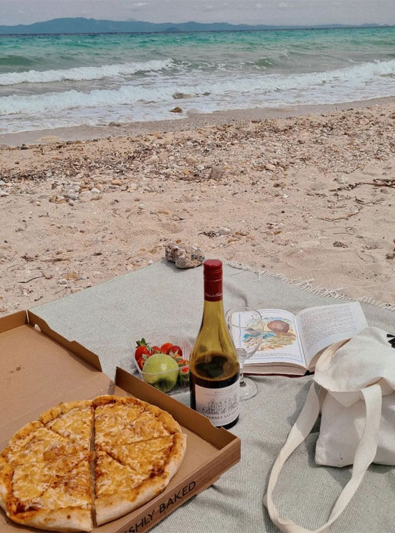 Sun-Kissed Summers Embracing the Aesthetics of a Radiant Season : Margarita Pizza & Champagne on The Beach