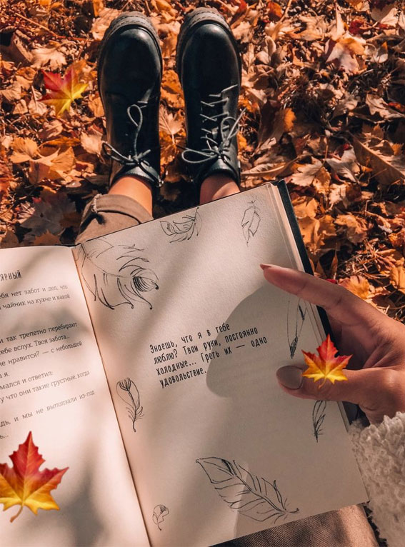 50 Visual Journeys Through Fall’s Aesthetics : Reading A Book + Fall Leaves