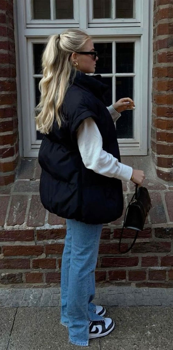 winter outfit ideas, puff vest, sweater outfit ideas, trendy winter outfit, puffer vest 