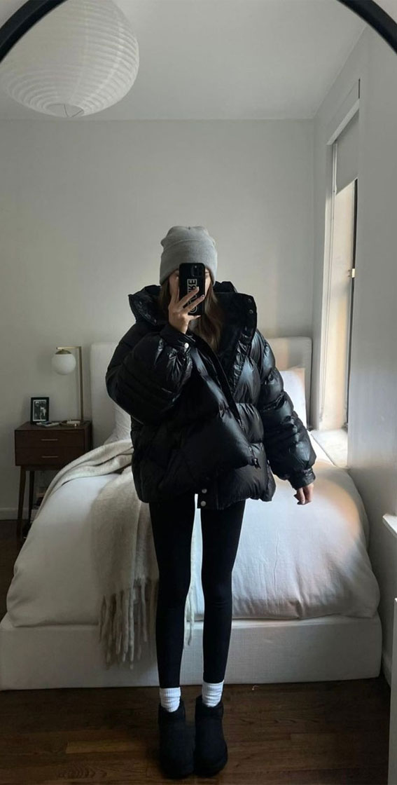 winter outfit ideas, puffer jacket, sweater outfit ideas, trendy winter outfit, puffer jacket leggings, what to wear in winter