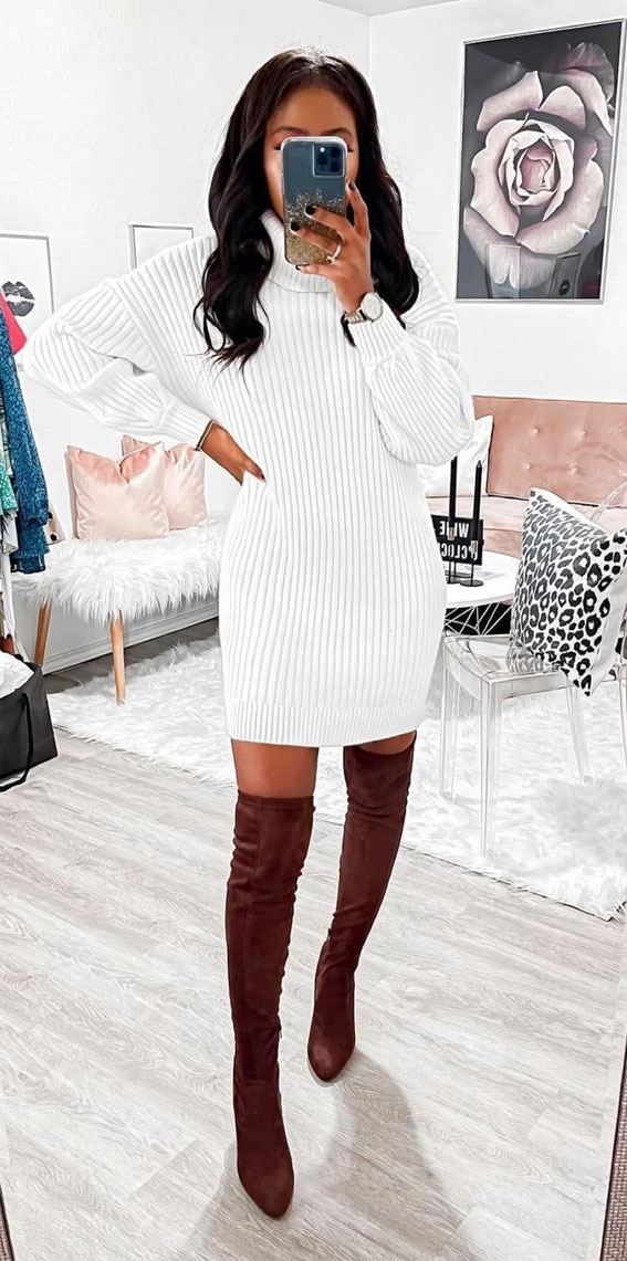 sweater dress outfits, winter outfit ideas, what to wear in winter, sweater dress and boots look