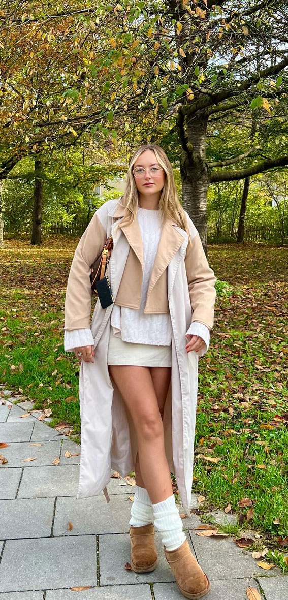 neutral winter outfit, mini skirt winter outfit, mini skirt winter fashion, skirt winter outfit, mini skirt fashion,  fashion winter trends