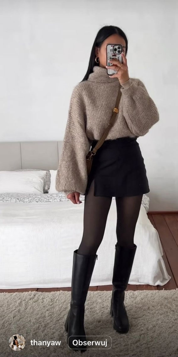 sweater and mini skirt outfit, sweater outfit ideas, mini skirt winter outfit, mini skirt winter fashion, skirt winter outfit, mini skirt fashion, mini skirt leather jacket, fashion winter trends