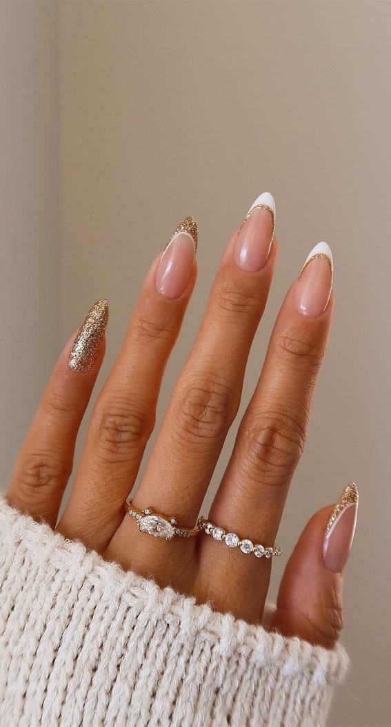 New Year's Eve Nails, New year's eve nail designs, new years nails 2024, glitter nails, new year nail designs 2024, Simple new year's eve nail, new years nails 2024, new years nail designs for almond nails
