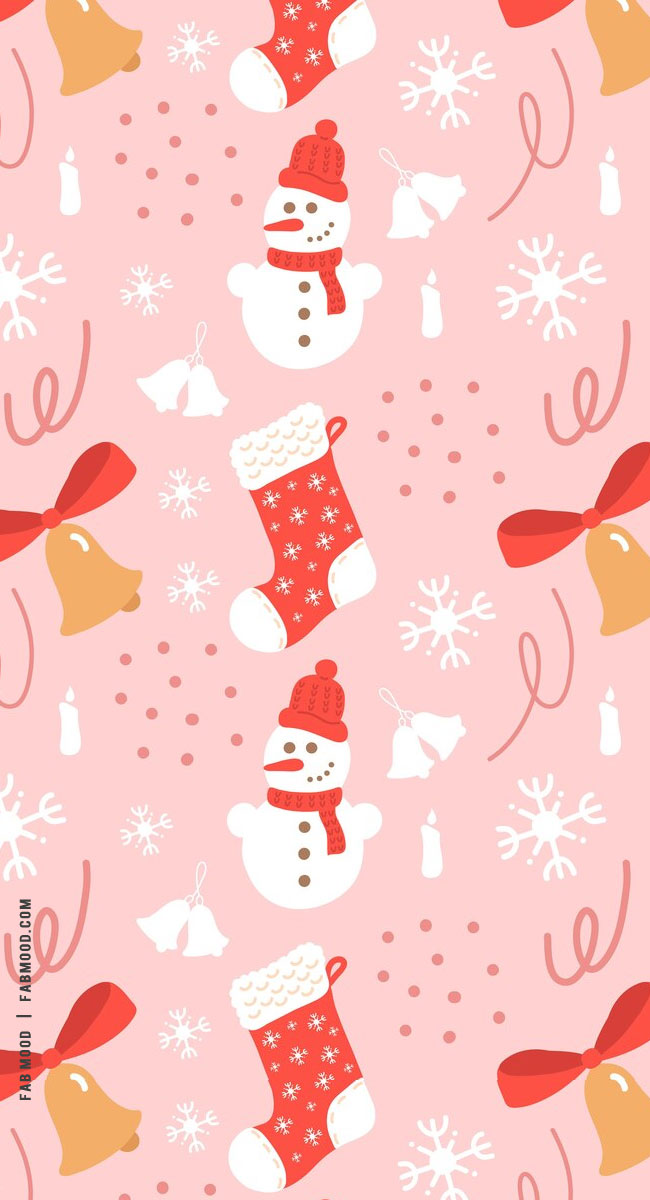 Joyful Christmas Wallpapers : Bell, Snowman & Red Stocking Wallpaper