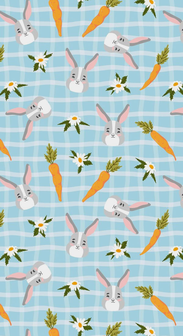 21 Easter Wallpapers Designed for Phones and iPhones : Bunny & Carrot Blue Gingham Background