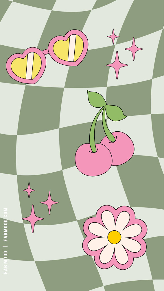 March Wallpaper Ideas for Any Device : Green Checkered Wallpaper with Pink Details