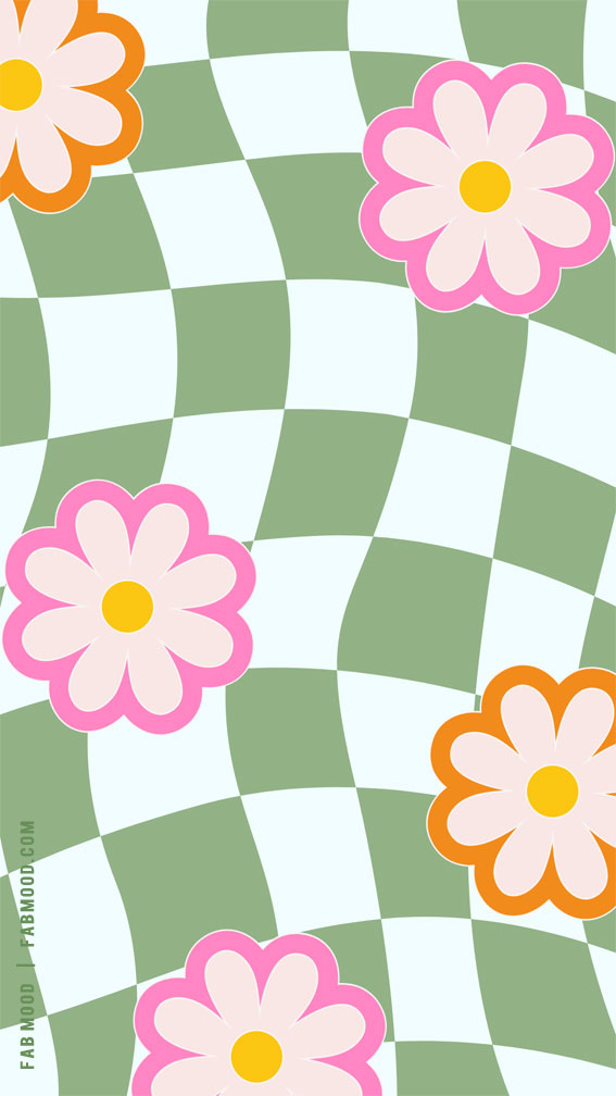 March Wallpaper Ideas for Any Device : Pink Daisy on Green Checkered Wallpaper