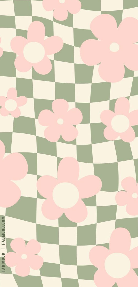 March Wallpaper Ideas for Any Device : Pink Flower Green Checkered Board