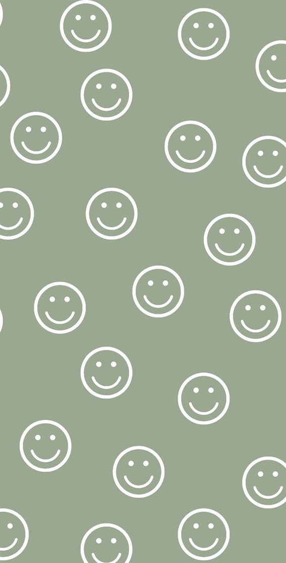 50 Preppy Wallpaper Ideas To Elevate Your Screen Style : Smiley Faces Sage Green Wallpaper