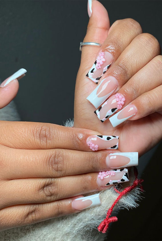 Moo-ve Over 21 Chic Cow Print Nail Designs : Pink 3D Floral & Cow Print Nails