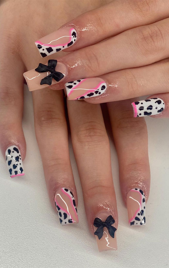 Moo-ve Over 21 Chic Cow Print Nail Designs : Black Bow + Cow Print Nails