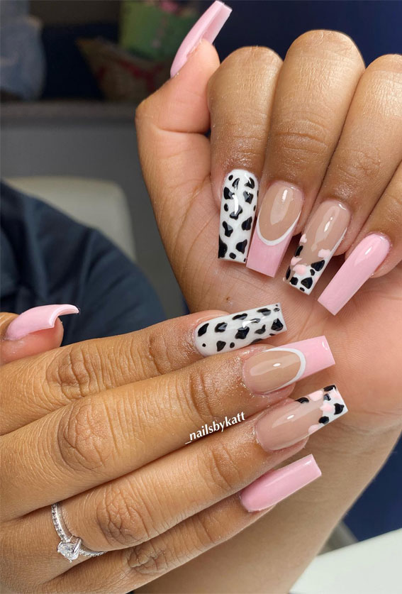 Moo-ve Over 21 Chic Cow Print Nail Designs : Soft Pink & Cow Print Combo