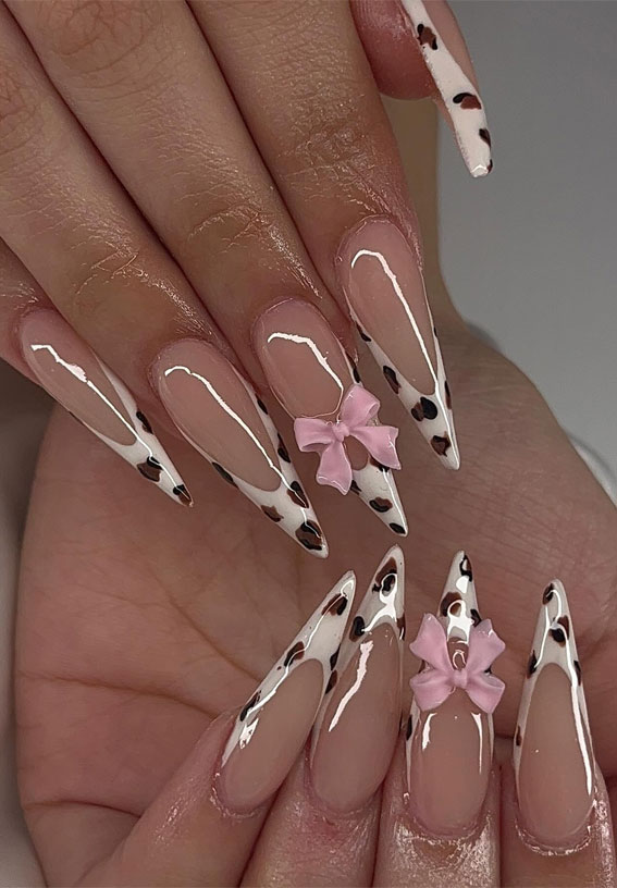 Moo-ve Over 21 Chic Cow Print Nail Designs : Stiletto French Tips with Pink Bow Accents