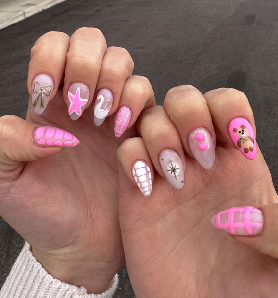 28 Trendy Retro Nails Inspired By The Past : Swan and Teddy Pink Nails