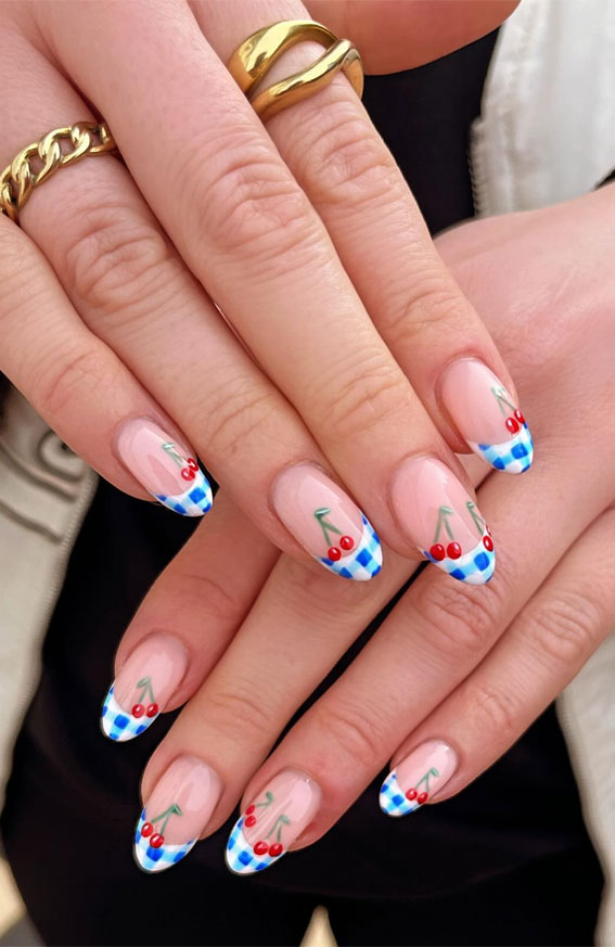 blue gingham french tip nails, retro nails, retro nail art, retro nails short, retro nail designs, houndstooth nails, checkered nails, floral nails, 70s nails, 80s nails, retro nails acrylic, mix n match retro nails