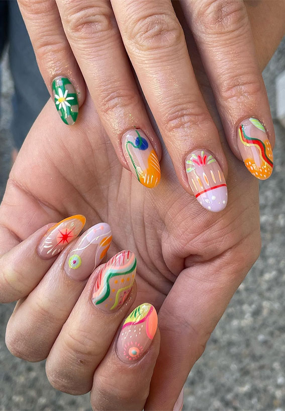28 Trendy Retro Nails Inspired By The Past : Colourful Abstracty Funky Swirls and Dots
