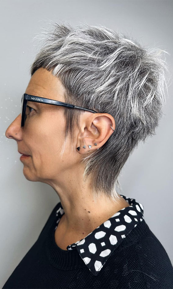 Textured Pixie Mullet, short grey hair, pixie grey haircut, Grey Haircuts, pixie haircut, grey pixie haircuts women, salt and pepper hair color, hairstyles for grey hair over 50, gray bob hairstyles , Grey haircuts for women, hairstyles for grey hair over 60, short hairstyles for grey hair over 60, grey hairstyle for women over 50