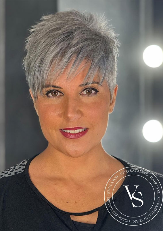 Textured Pixie grey hair, short grey hair, pixie grey haircut, Grey Haircuts, pixie haircut, grey pixie haircuts women, salt and pepper hair color, hairstyles for grey hair over 50, gray bob hairstyles , Grey haircuts for women, hairstyles for grey hair over 60, short hairstyles for grey hair over 60, grey hairstyle for women over 50