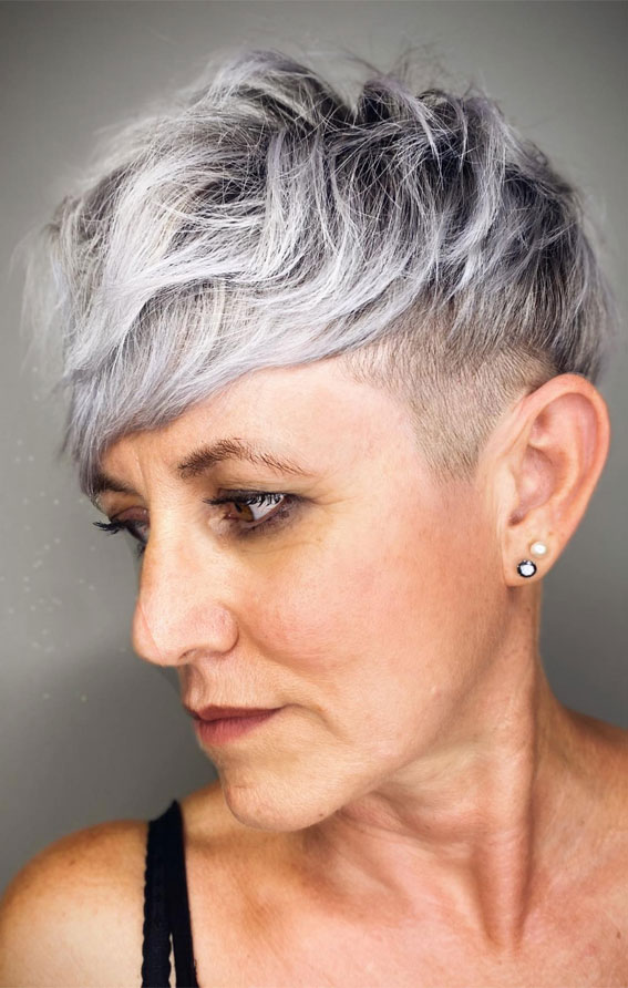 Textured Pixie haircut, short grey hair, pixie grey haircut, Grey Haircuts, pixie haircut, grey pixie haircuts women, salt and pepper hair color, hairstyles for grey hair over 50, gray bob hairstyles , Grey haircuts for women, hairstyles for grey hair over 60, short hairstyles for grey hair over 60, grey hairstyle for women over 50